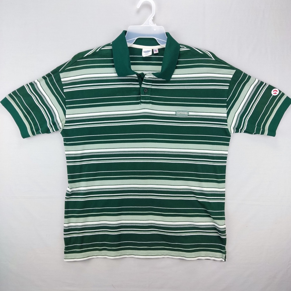 Outdoor Products Polo Shirt Mens‎ Large Green Striped Short Sleeve Pique Logo